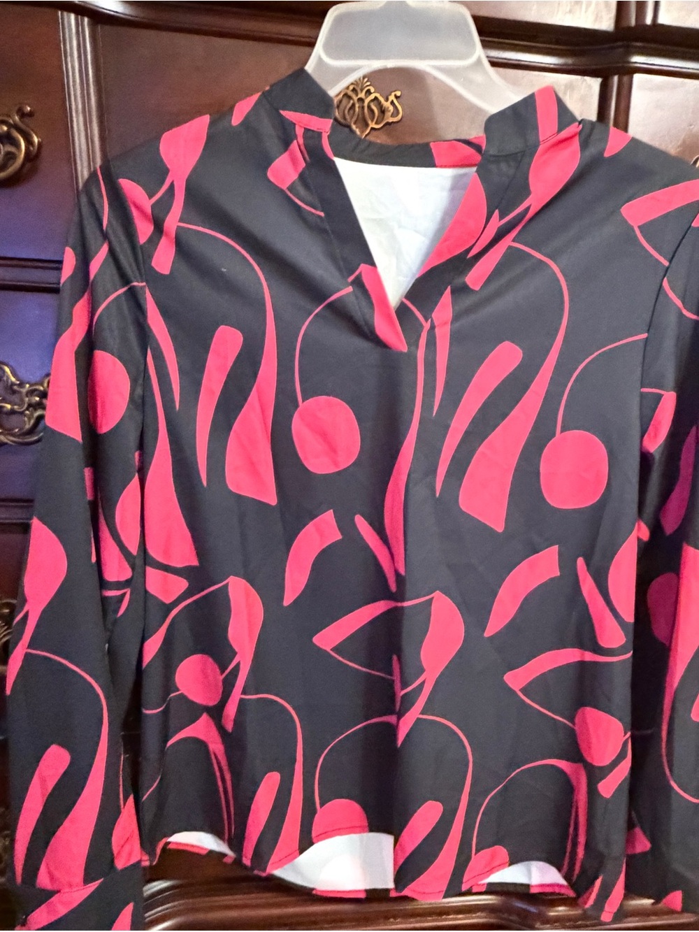 Black Blouse with Bold Pink Abstract Print